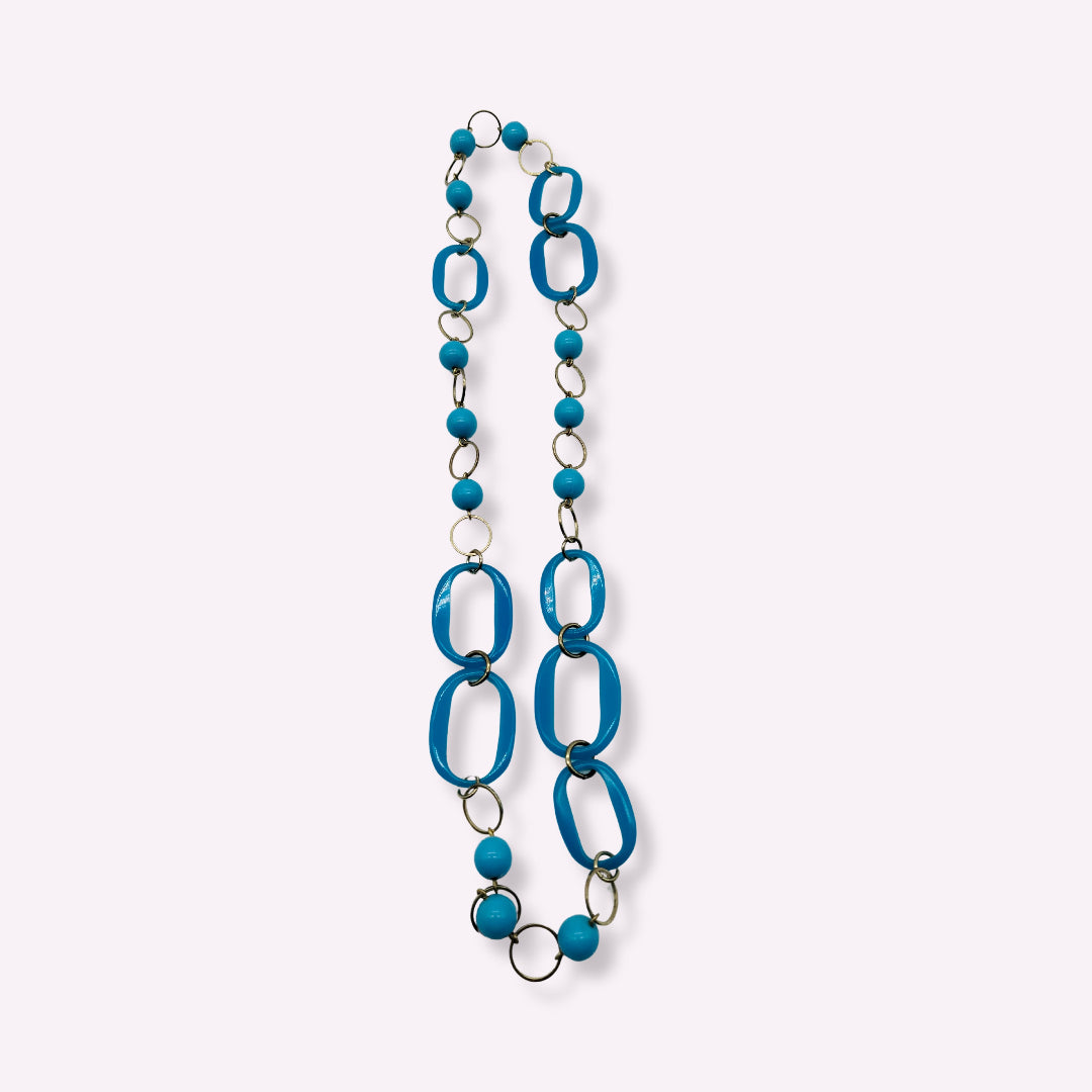 Sautoir + Boucles d'Oreilles Yandra Azurea – Collier Long Maillons Graphiques & Perles Bleues