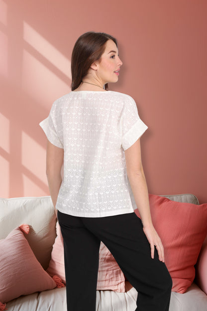 Blouse  Erica col rond Broderie anglaise Blanche –Top Chic & Bohème Yandra Collection