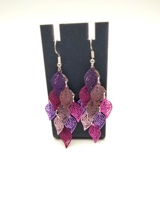 Boucles d'Oreilles Cascade de Feuilles - Dégradé Violet et Prune Arty