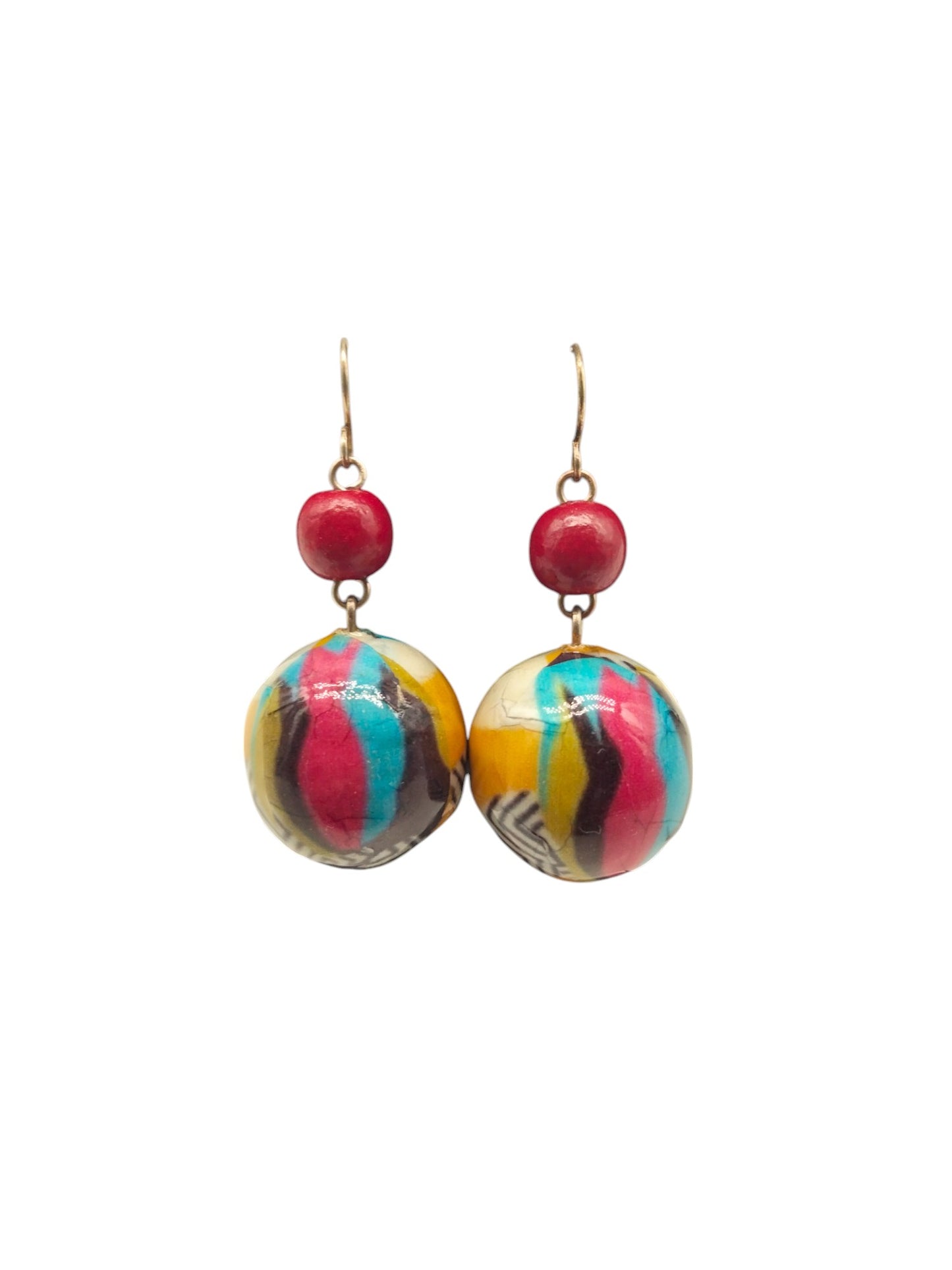 Boucles d'Oreilles Pendantes Bois Vernis Motifs Multicolores-Yandra Collection