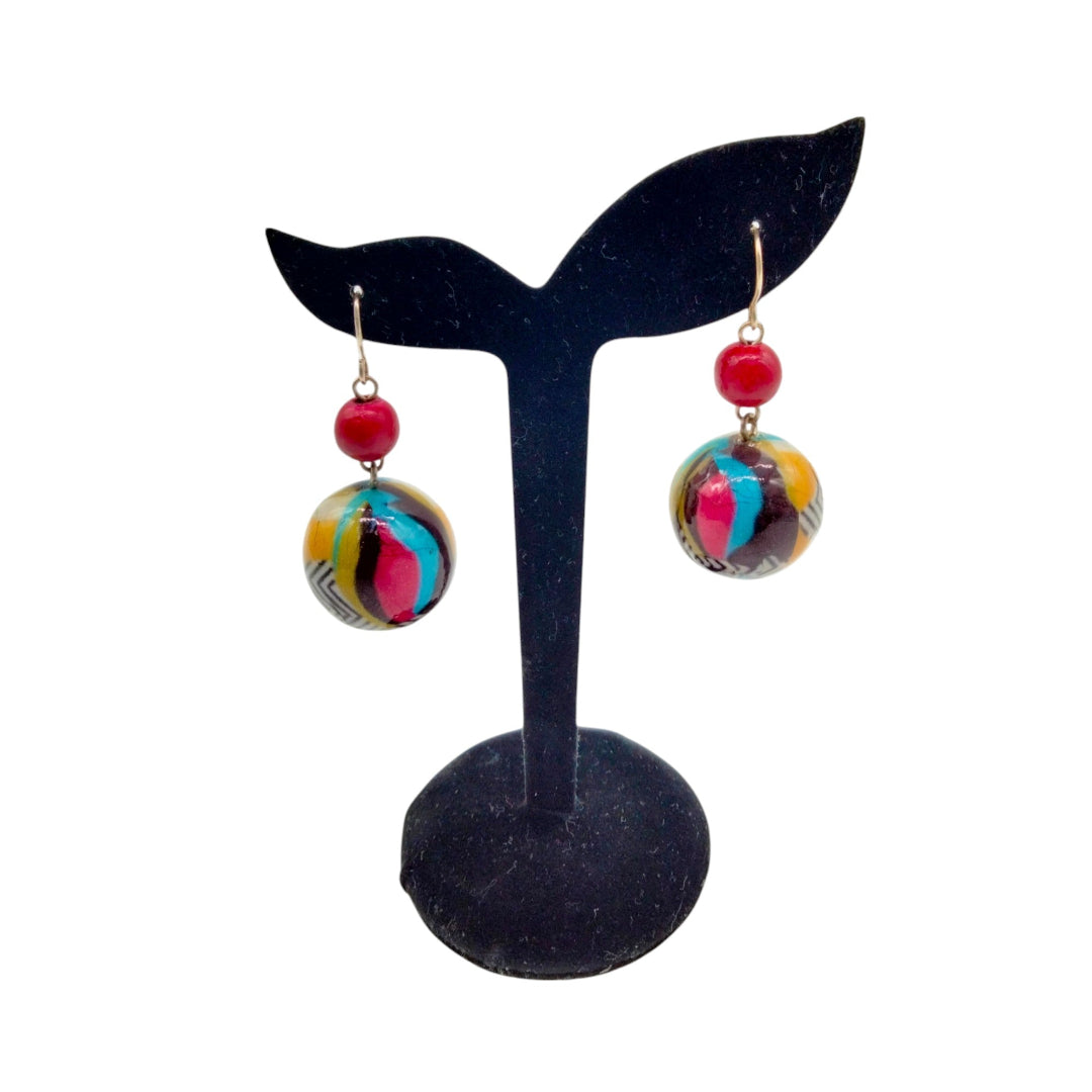 Boucles d'Oreilles Pendantes Bois Vernis Motifs Multicolores-Yandra Collection