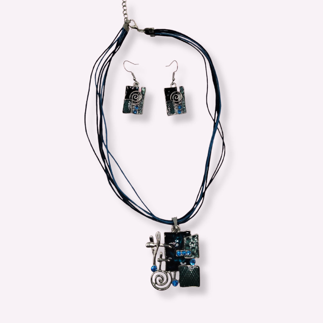 Parure "Arty Bleu Nuit" – Collier Pendentif et Boucles d'Oreilles Abstraits
