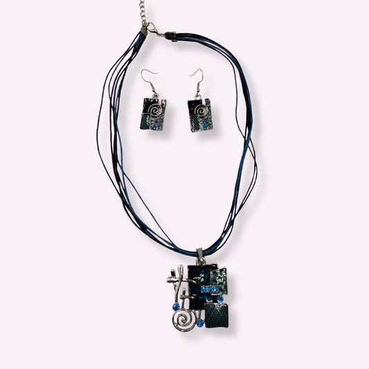 Parure "Arty Bleu Nuit" – Collier Pendentif et Boucles d'Oreilles Abstraits