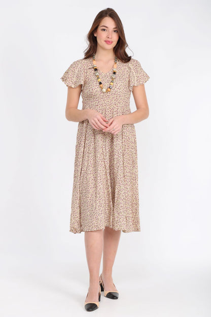 Robe Mi-Longue Fleurie Beige - Coupe Empire et Manches Volantées