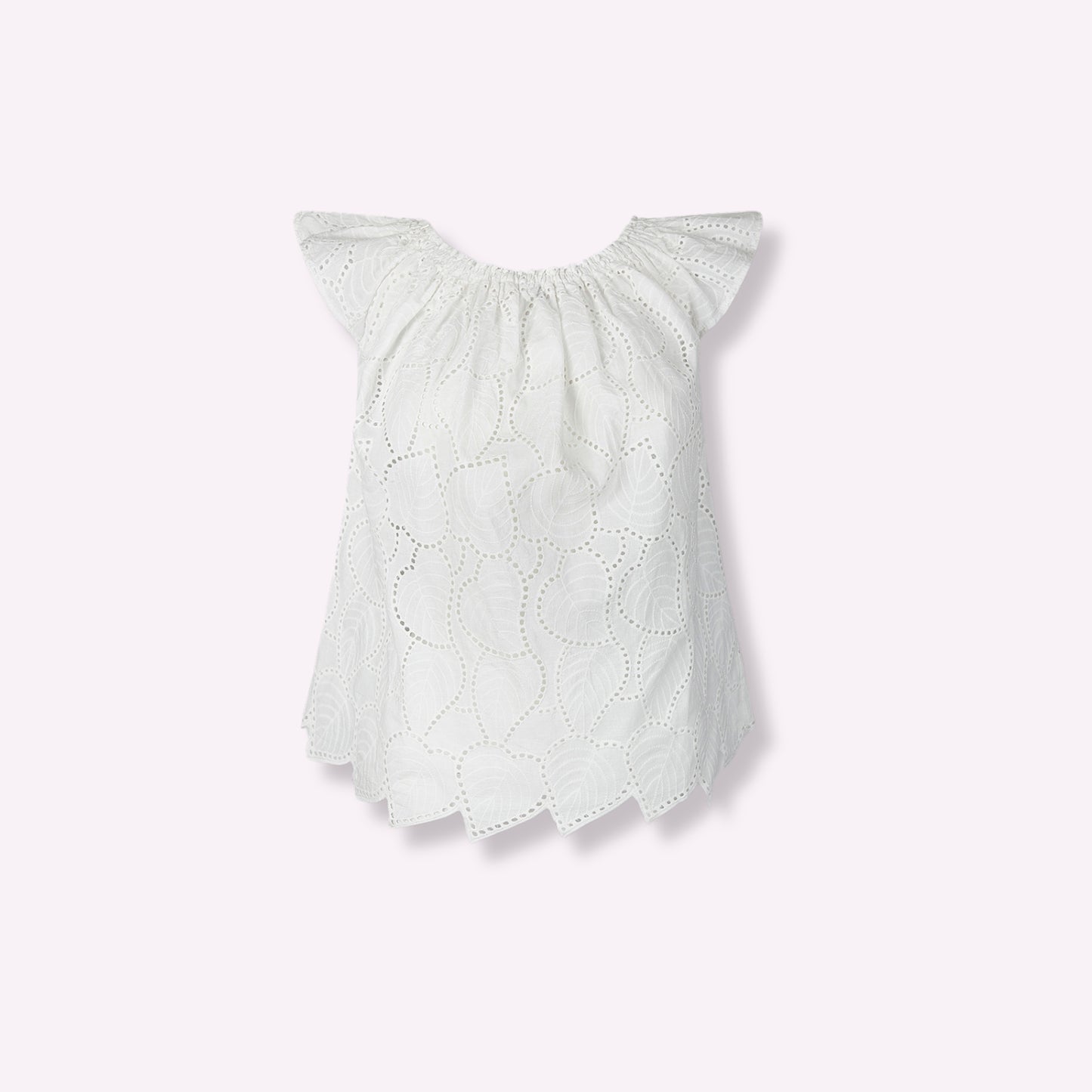 Blouse Blanche en Broderie Anglaise – Coupe Évasée & Col Semi-Ouvert