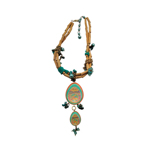 Collier "Ossian" – Pendentif Émaillé, Perles et Bambou Naturel