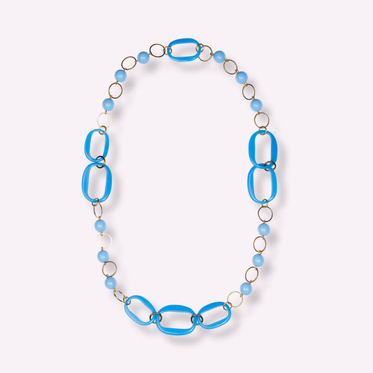 Sautoir + Boucles d'Oreilles Yandra Azurea – Collier Long Maillons Graphiques & Perles Bleues