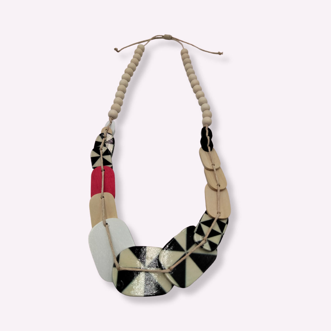 Parure Sautoir et Boucles d'Oreilles Yandra en Bois - Imprimé Géométrique Noir & Blanc