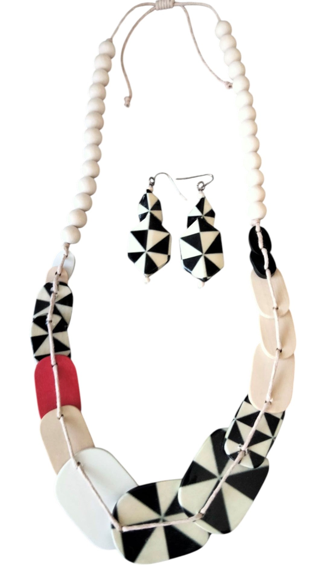 Parure Sautoir et Boucles d'Oreilles Yandra en Bois - Imprimé Géométrique Noir & Blanc